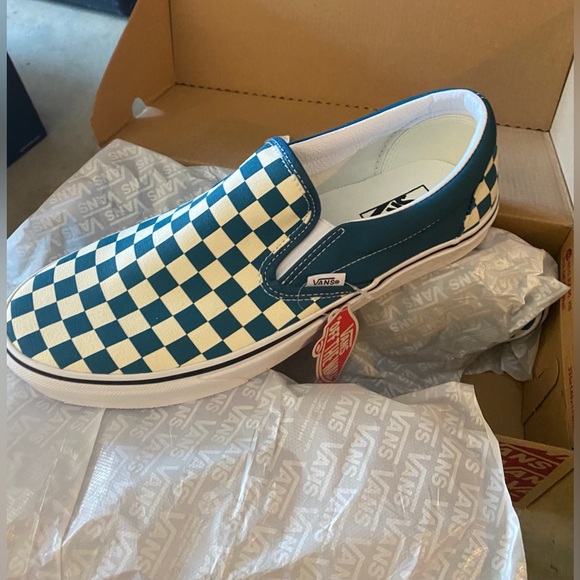 VANS Classic Slip On Checkerboard Skate Shoes, Blue Coral/True White - Picture 6 of 8